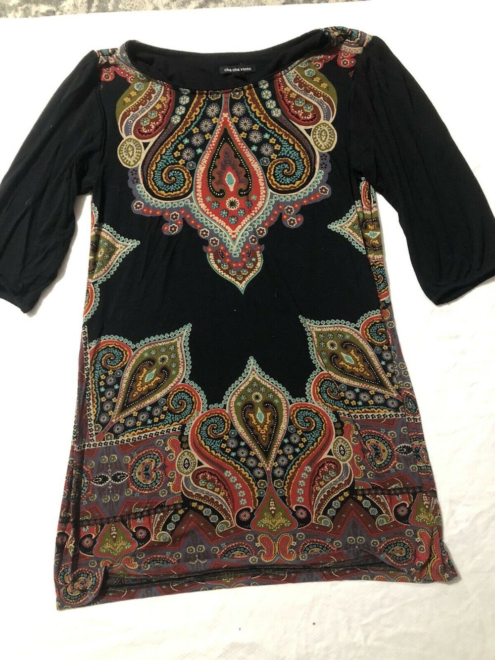 CHA CHA VENTE women's boho hippie black paisley mini dress size medium